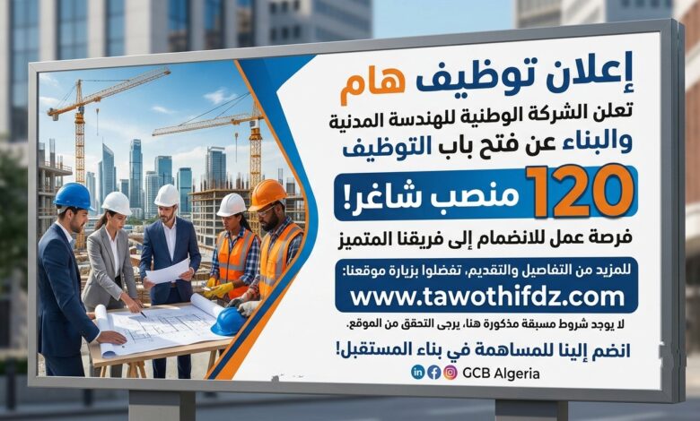 إعلان توظيف بالشركة الوطنية للهندسة المدنية والبناء (GCB) – 120 منصبًا شاغرًا