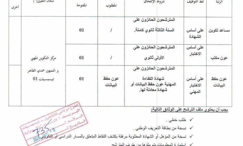 اعلان توظيف بالمركز التكوين المهني و التمهين حمدي الطاهر تيسمسيلت 1