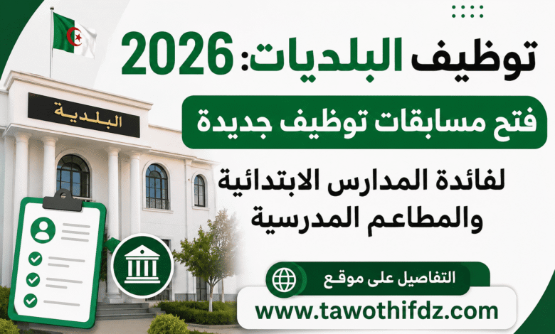 توظيف البلديات 2026: فتح مسابقات توظيف جديدة لفائدة المدارس الابتدائية والمطاعم المدرسية