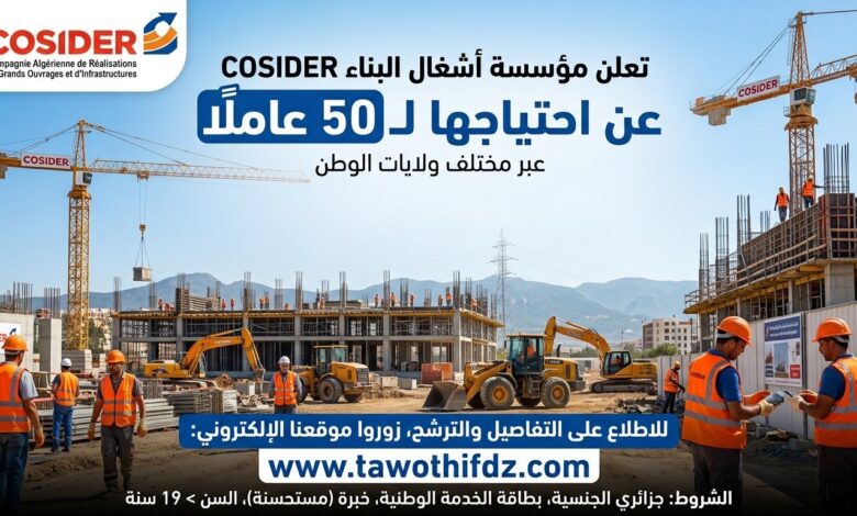 مؤسسة أشغال البناء COSIDER تعلن عن احتياجها لـ50 عاملًا عبر الوطن