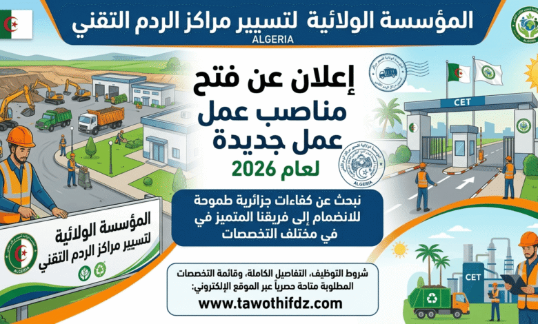 المؤسسة الولائية لتسيير مراكز الردم التقني تعلن عن فتح مناصب عمل جديدة في مختلف تخصصات لسنة 2026