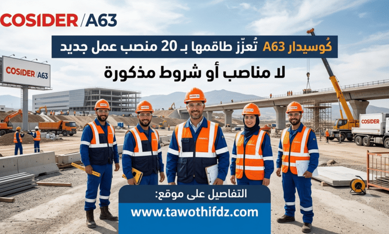 شركة كوسيدار A63 تعزز طاقمها بـ20 منصب عمل جديد.