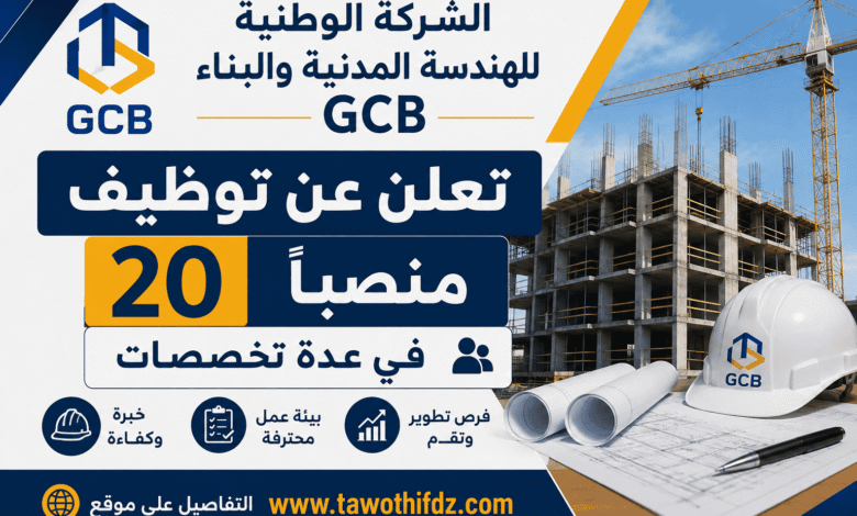 الشركة الوطنية للهندسة المدنية والبناء GCB تعلن عن توظيف 20 منصبًا في عدة تخصصات