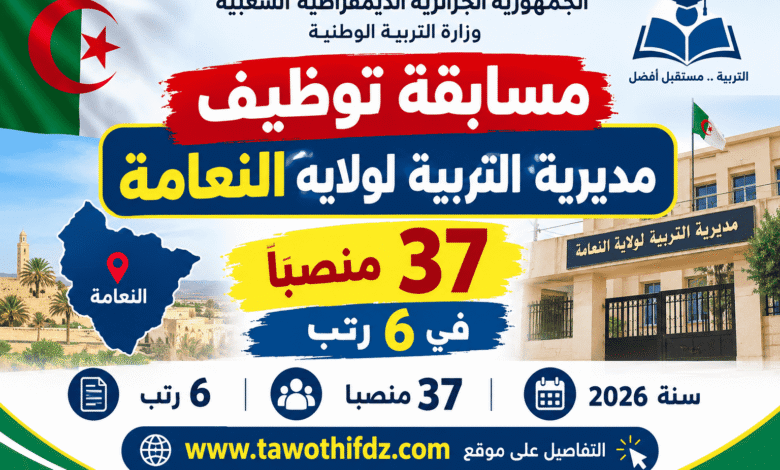 مسابقة توظيف مديرية التربية لولاية النعامة 2026.. 37 منصباً في 6 رتب