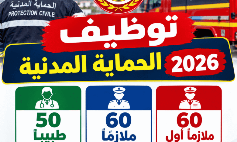توظيف الحماية المدنية 2026: 50 طبيبًا و60 ملازمًا و60 ملازمًا أول