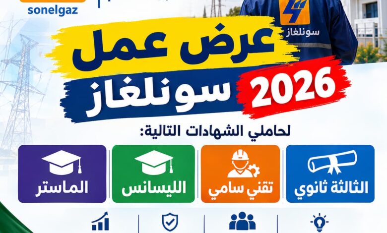 عرض عمل سونلغاز 2026 لحاملي الثالثة ثانوي وتقني سامي والليسانس والماستر